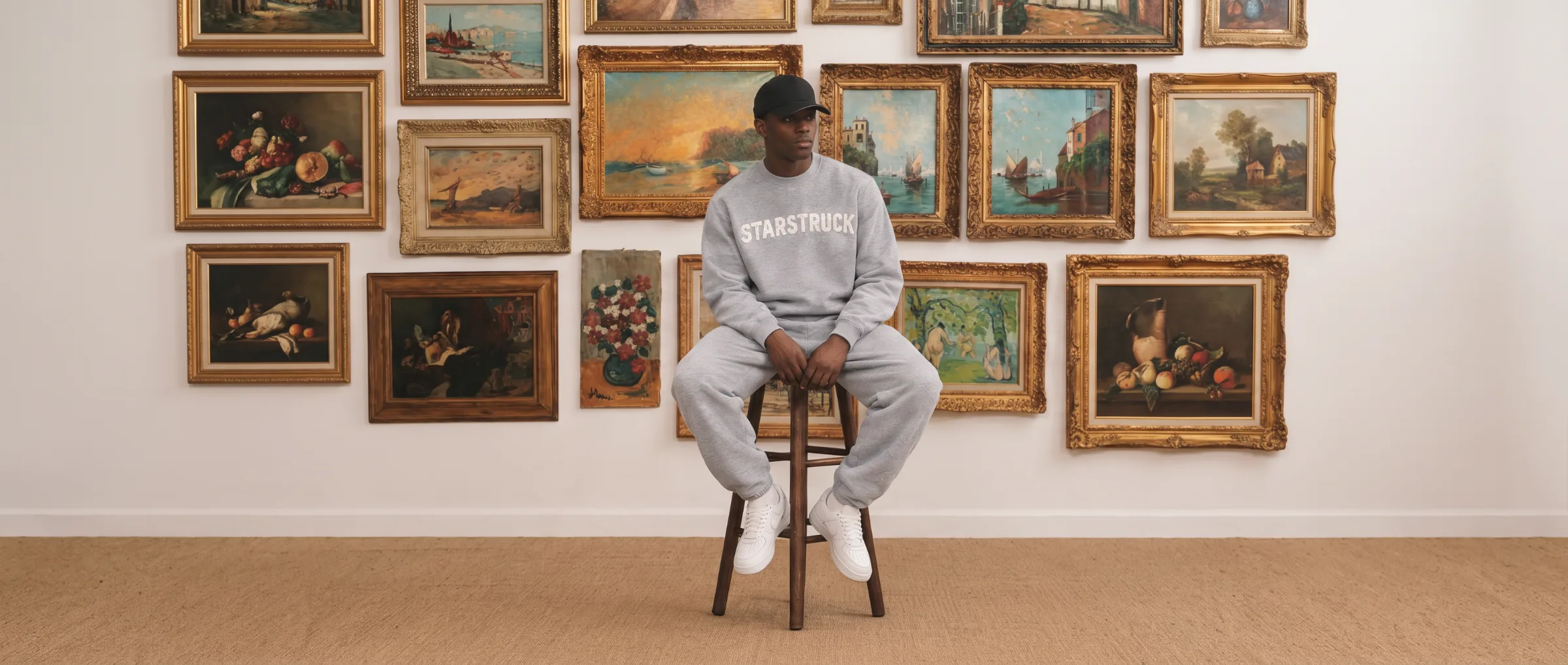 Starstruck campaign – grey tracksuit in the art gallery